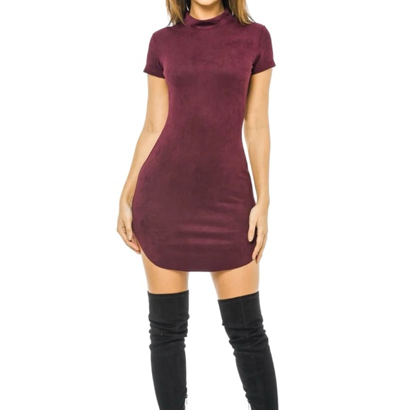Plum Suede Mini Dress with High Neck size M - Picture 1 of 8